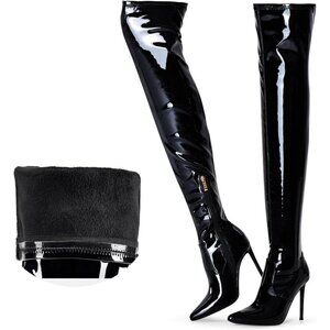 Women Black Patent Wools Lining Pointed Toe 4.3 inch Stilettos Thigh High Boots